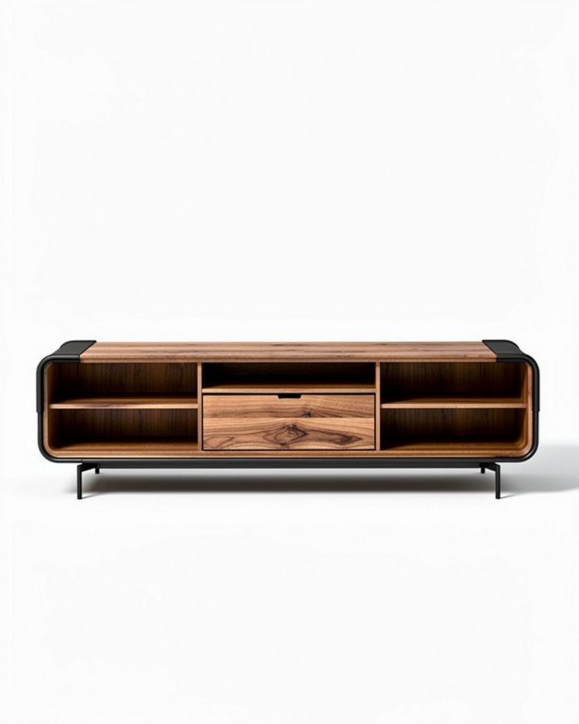 Salontafel van hout met opslagruimtes en metaal onderstel 150 x 40 x 50cm