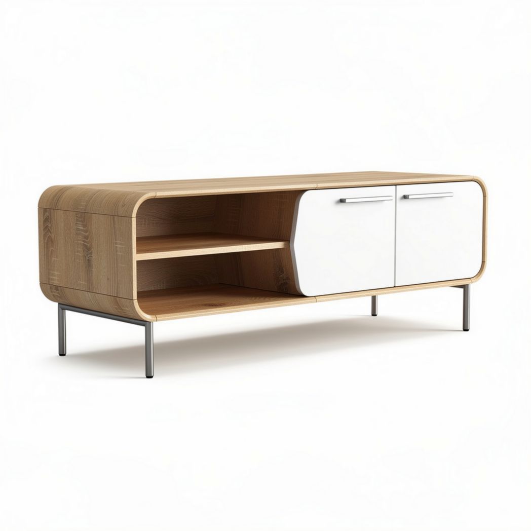 Tv-meubel van hout en wit plastic met open planken 120 x 40 x 50cm