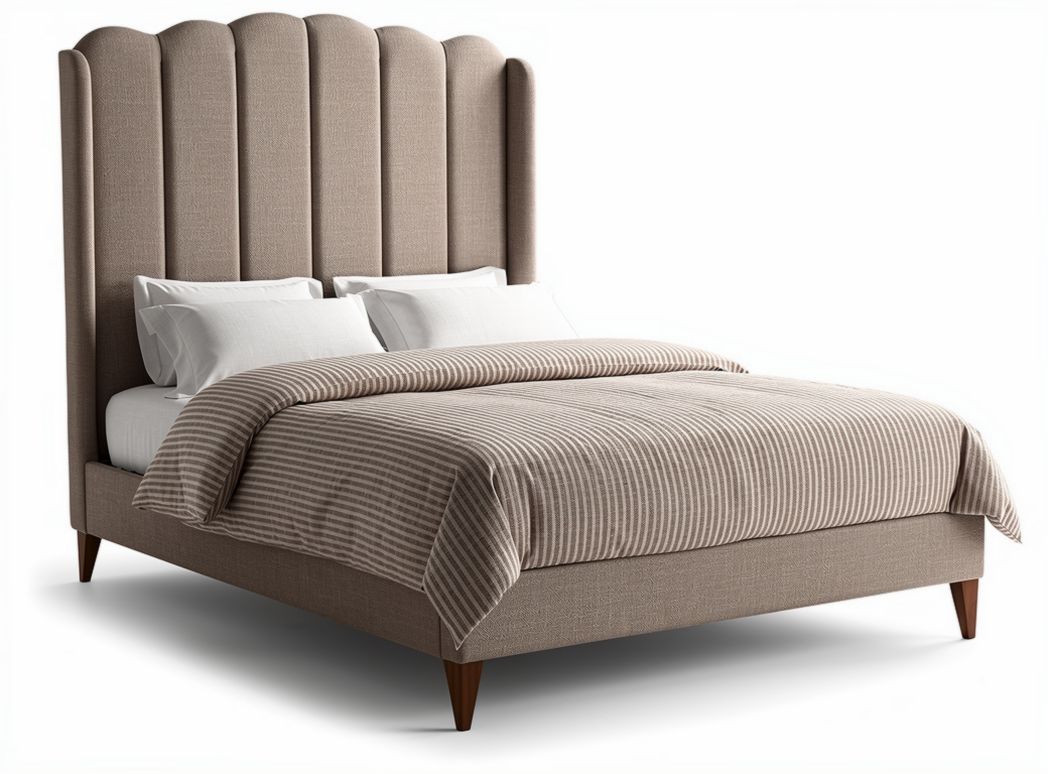 Bed met hoge gestoffeerde hoofdbord 200 x 160 cm beige met strepen