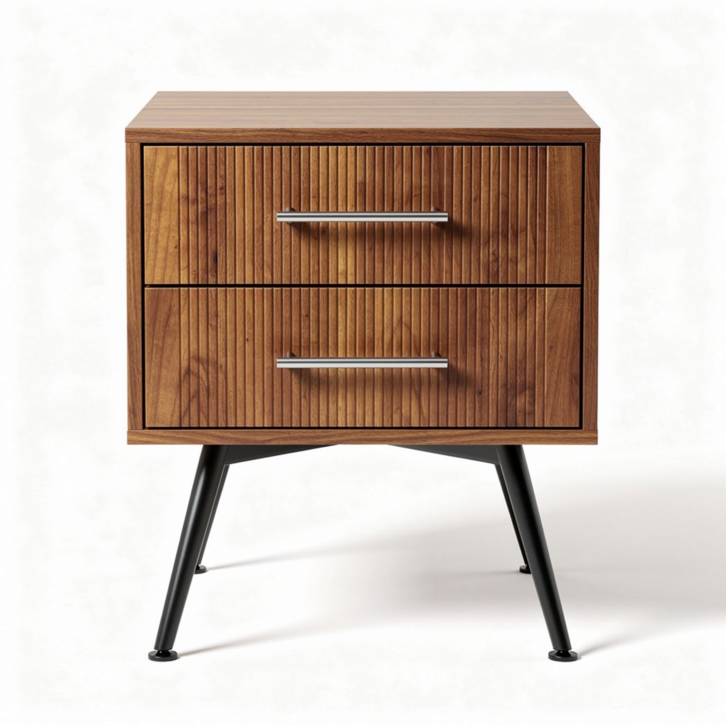 houten nachtkastje met 2 lades en metalen poten 50 x 50 x 60 cm