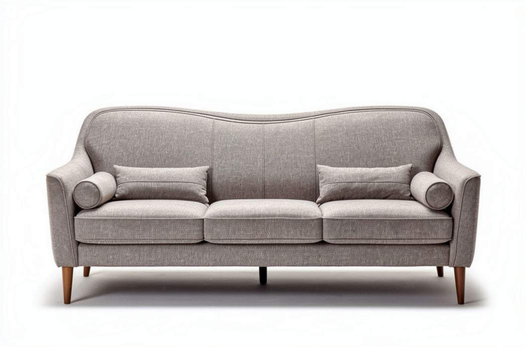 Grijze stoffen bank met houten poten en kussens afmetingen 200 x 90 x 85cm