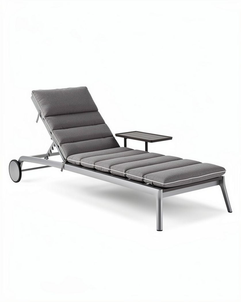 Ligbed met verstelbare rugleuning en zijtafel van aluminium en stof lichtgrijs 200 x 70 x 30cm
