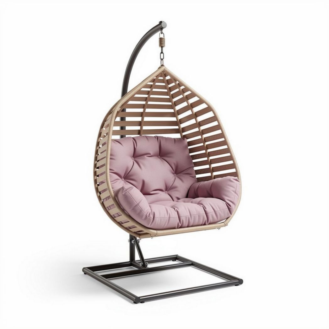 Hangstoel van bamboe met zachte roze kussens 120 x 90 x 150cm