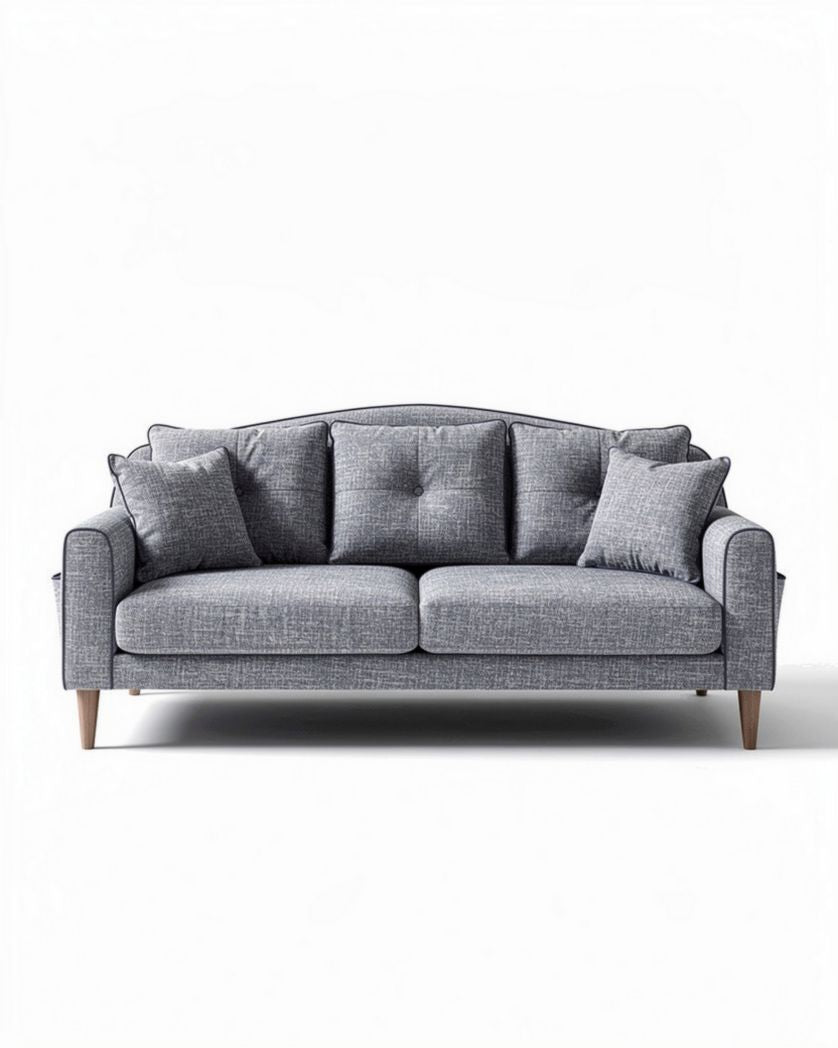 Grijze stoffen bank met houten poten en kussens 180 x 90 x 85cm